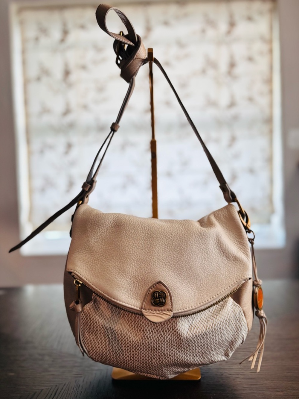 Elliott Lucca Boho Leather Crossbody Hobo Bag Neutral Taupe Purse